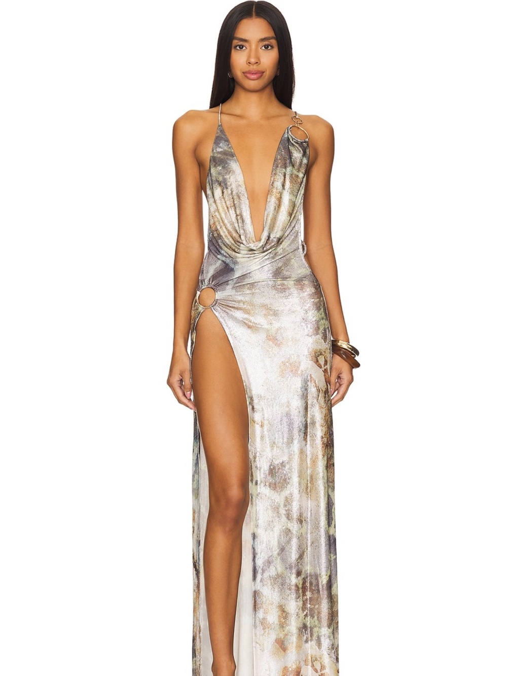 Jaded London Metallic Multicolor Cowl Plunge High-Slit Gown